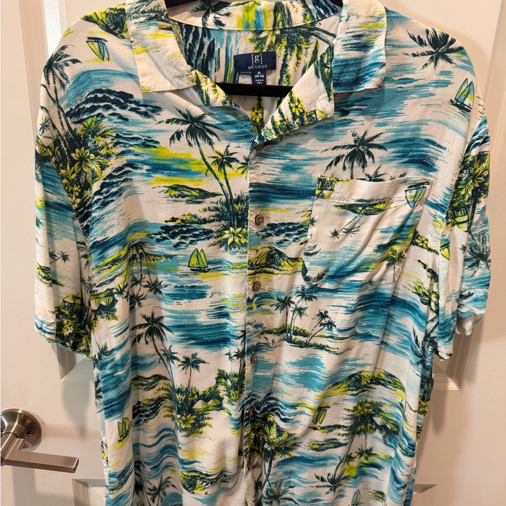 George Men's Tropical Print Shirt - Blue, Green, Yellow